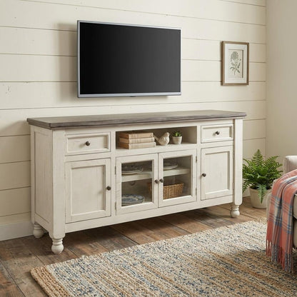79" Ivory Solid Wood Open shelving Distressed TV Stand HomeRoots