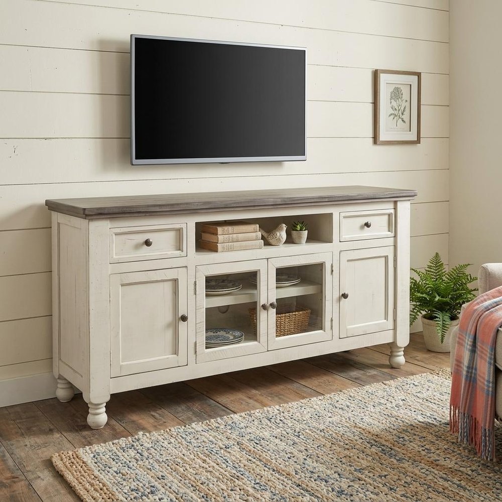 79" Ivory Solid Wood Open shelving Distressed TV Stand HomeRoots