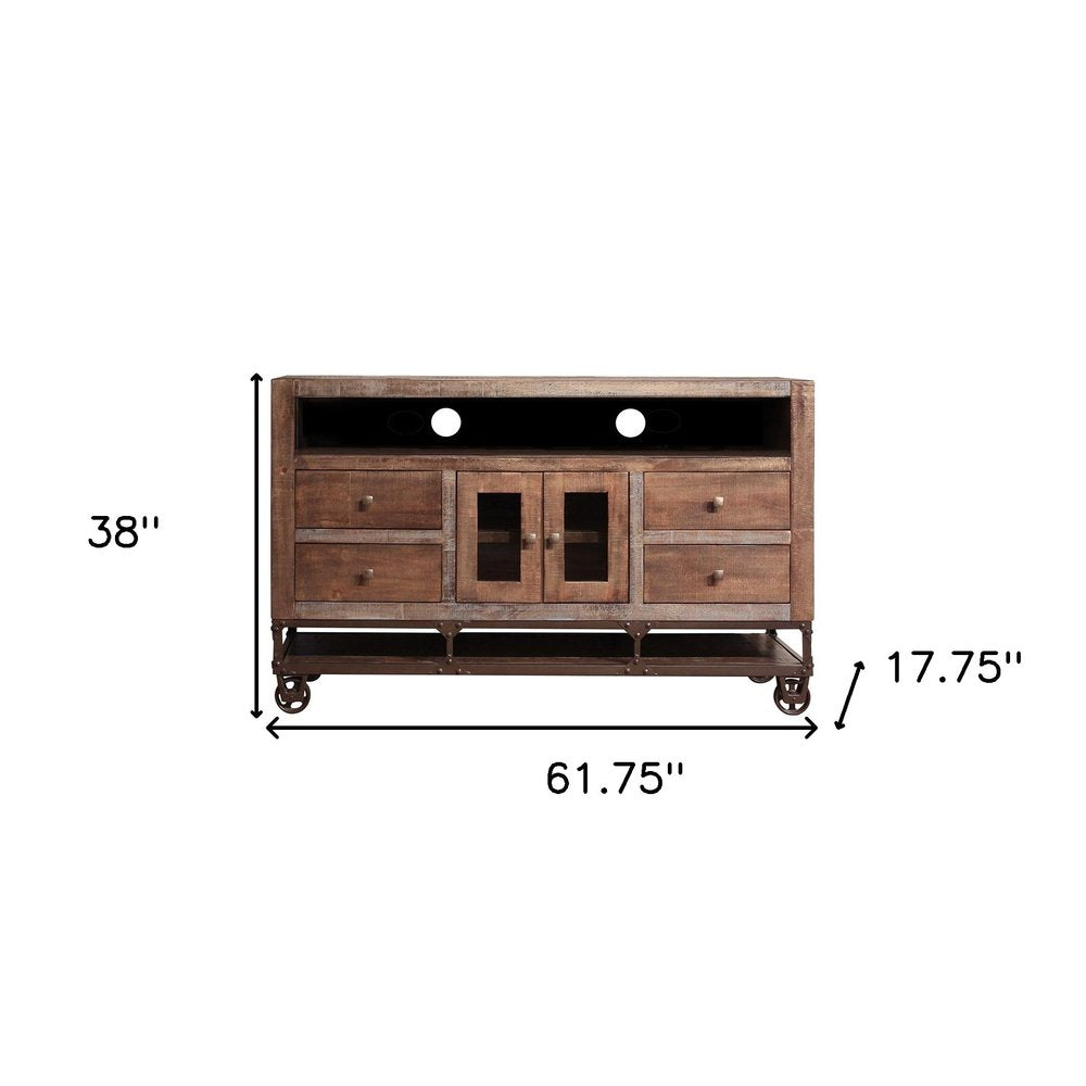 62" Brown Solid Wood Cabinet Enclosed Storage Distressed TV Stand HomeRoots