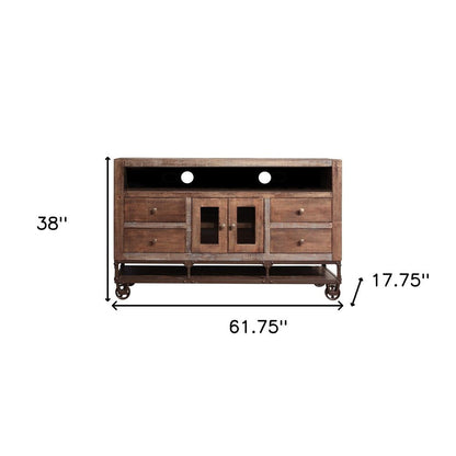 62" Brown Solid Wood Cabinet Enclosed Storage Distressed TV Stand HomeRoots
