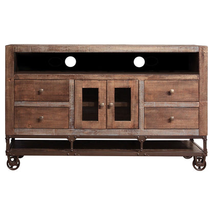 62" Brown Solid Wood Cabinet Enclosed Storage Distressed TV Stand HomeRoots