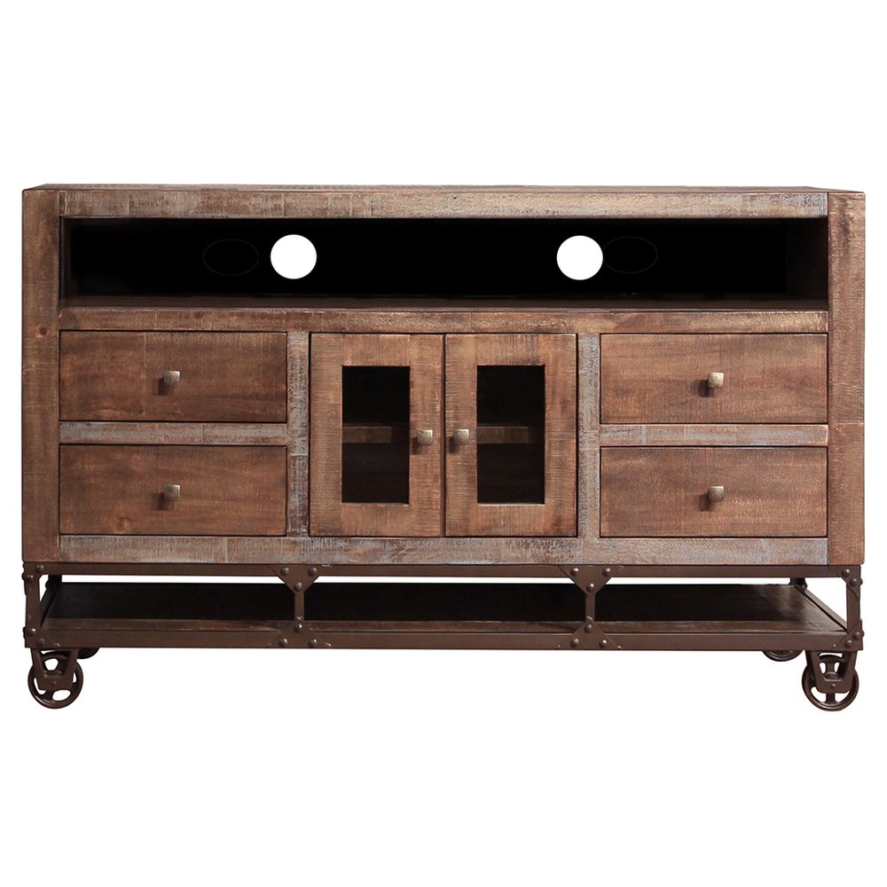 62" Brown Solid Wood Cabinet Enclosed Storage Distressed TV Stand HomeRoots