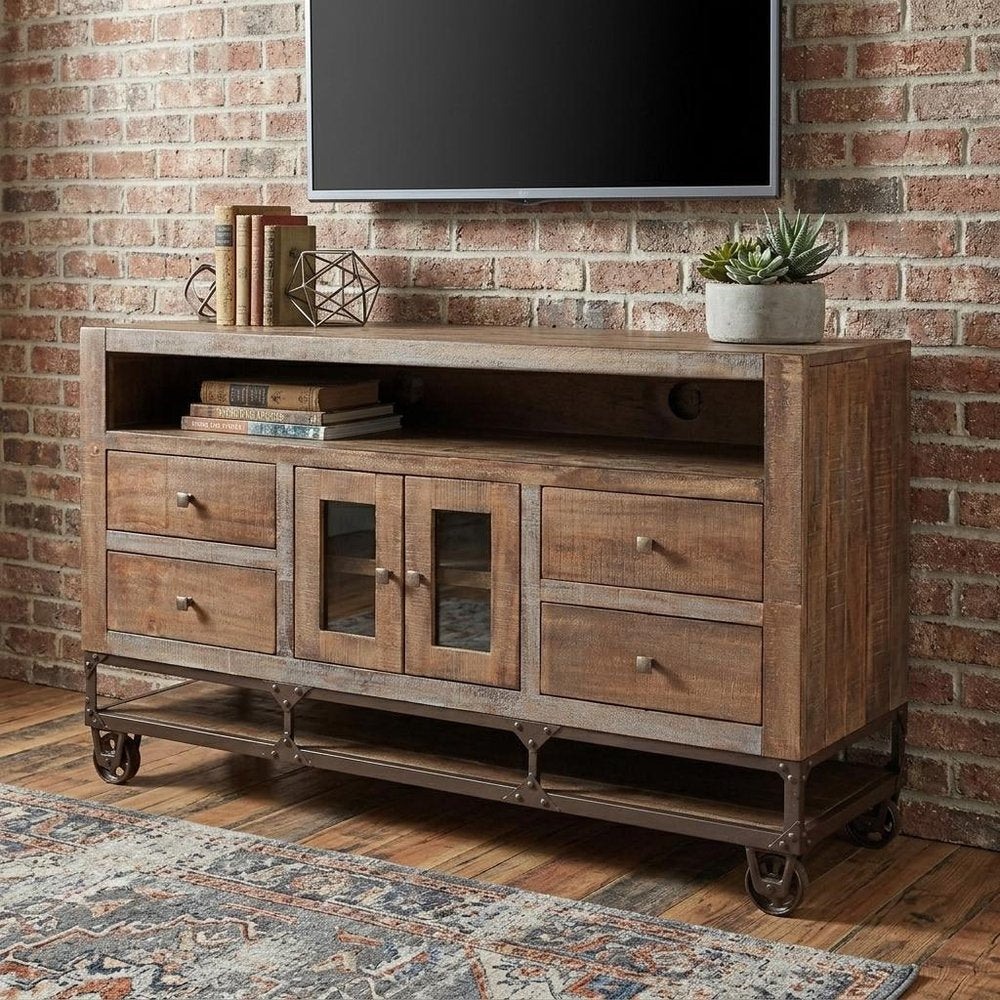 62" Brown Solid Wood Cabinet Enclosed Storage Distressed TV Stand HomeRoots