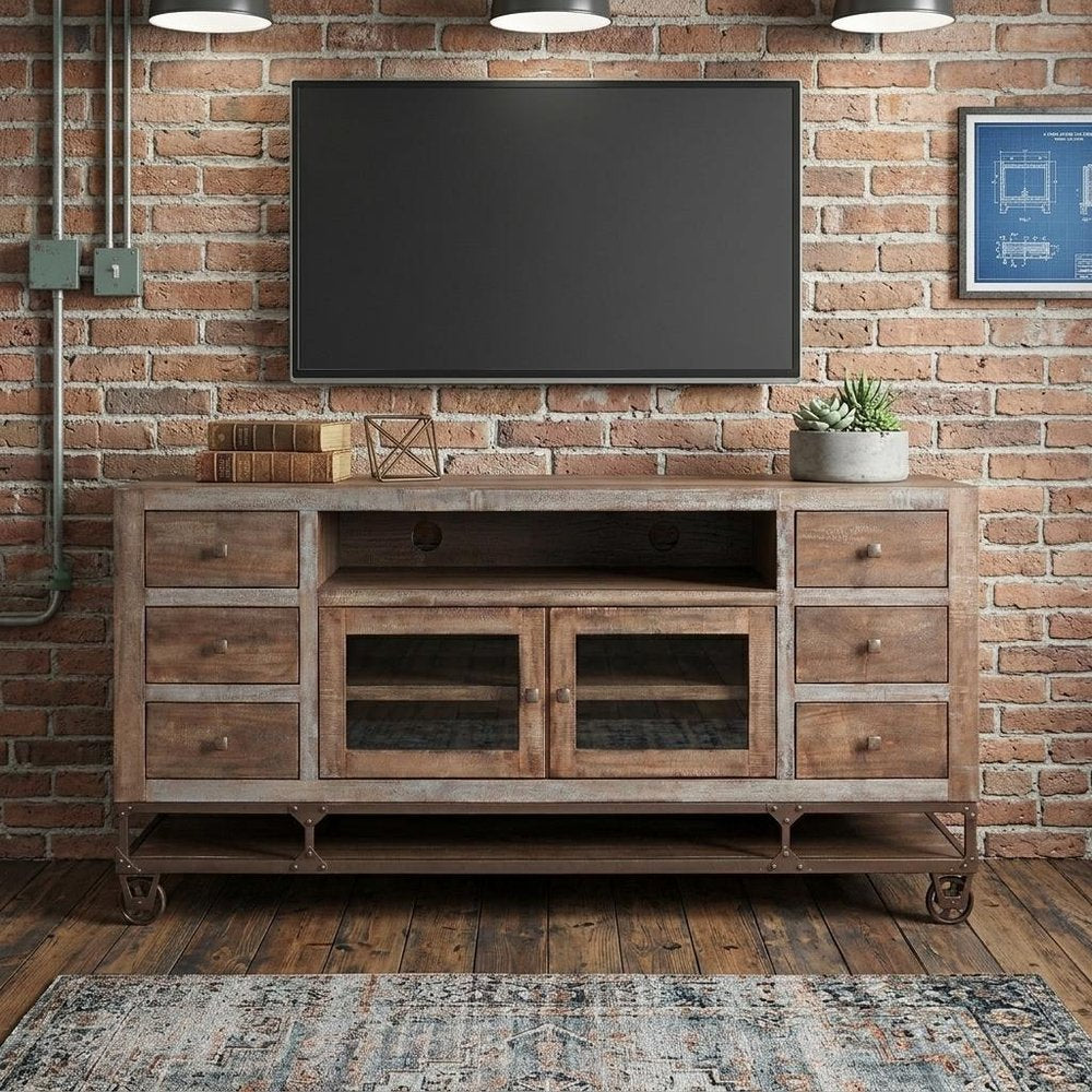 76" Brown Solid Wood Cabinet Enclosed Storage Distressed TV Stand HomeRoots