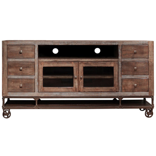 76" Brown Solid Wood Cabinet Enclosed Storage Distressed TV Stand HomeRoots