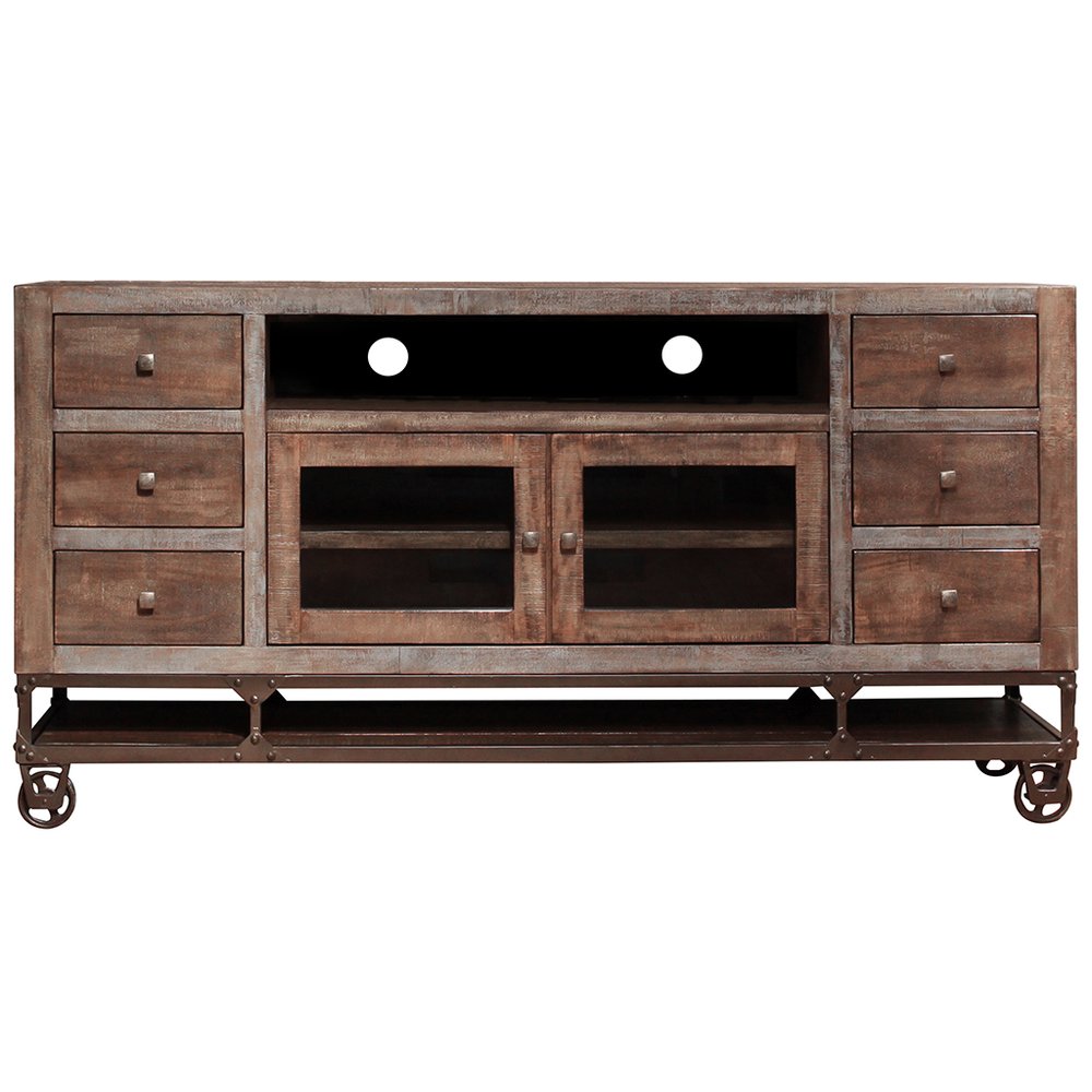 76" Brown Solid Wood Cabinet Enclosed Storage Distressed TV Stand HomeRoots