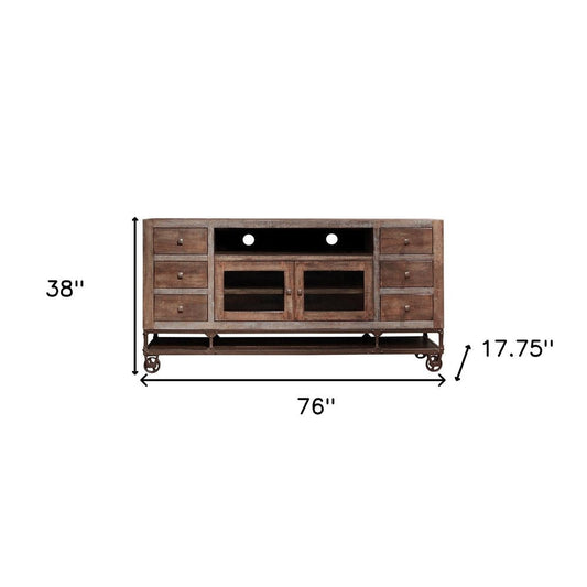 76" Brown Solid Wood Cabinet Enclosed Storage Distressed TV Stand HomeRoots
