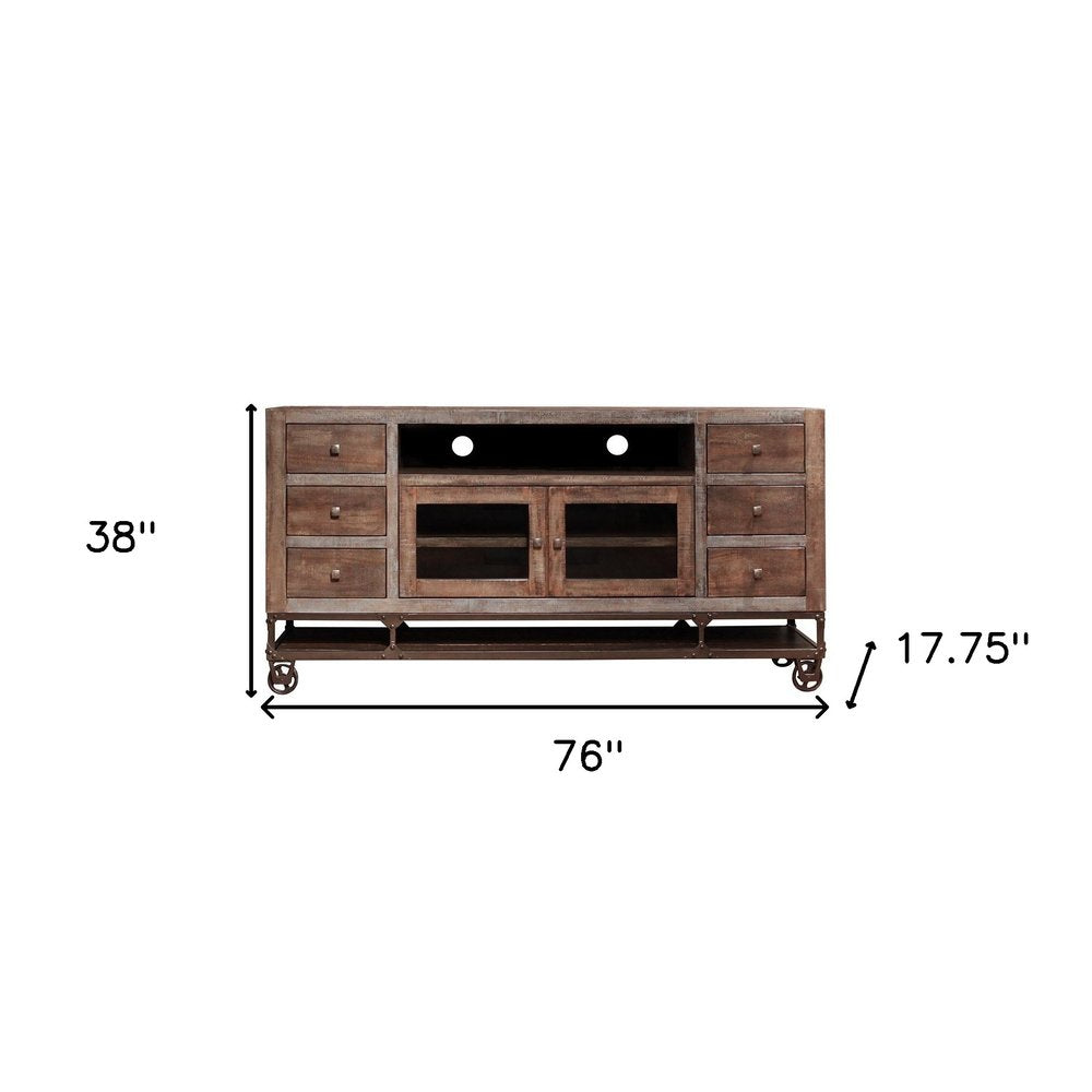 76" Brown Solid Wood Cabinet Enclosed Storage Distressed TV Stand HomeRoots