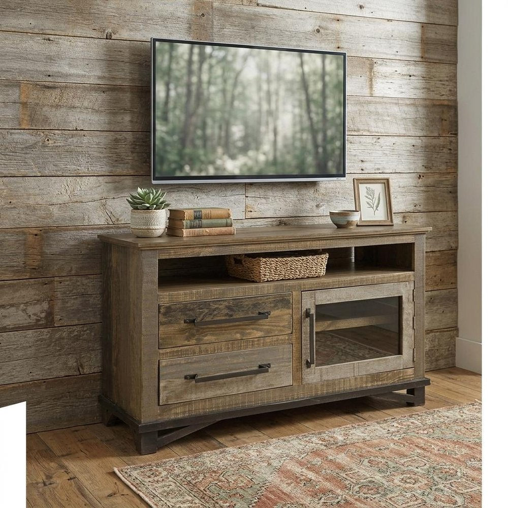 51" Brown Solid Wood Cabinet Enclosed Storage Distressed TV Stand HomeRoots