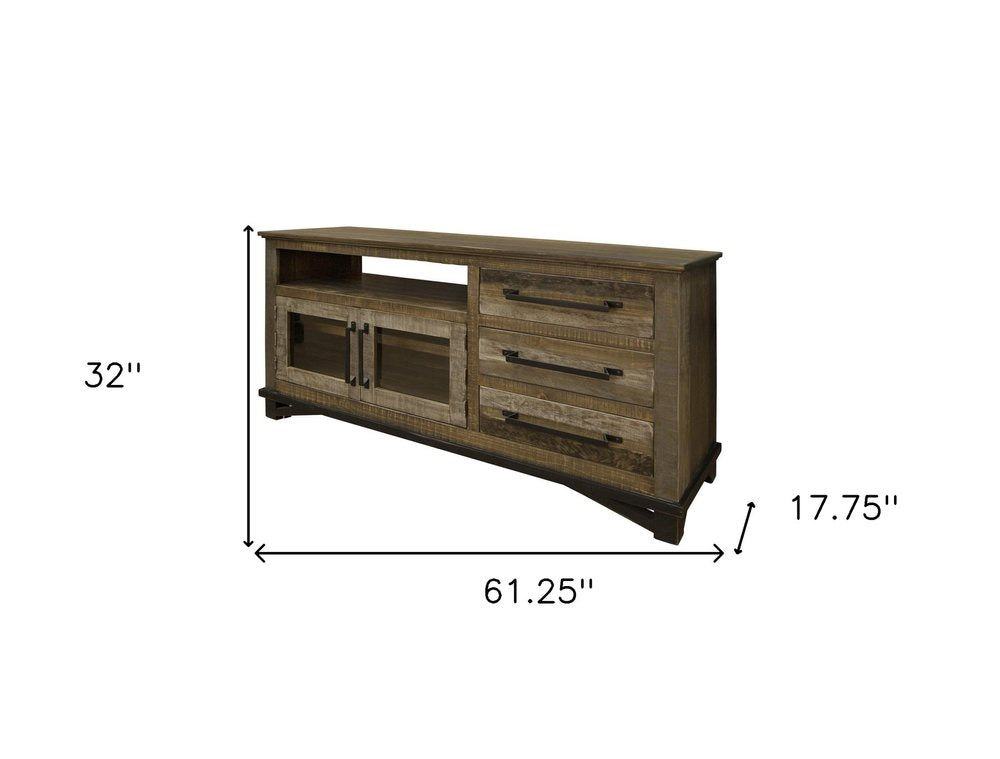 61" Brown Solid Wood Cabinet Enclosed Storage Distressed TV Stand HomeRoots