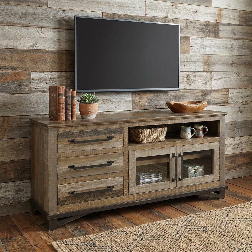 61" Brown Solid Wood Cabinet Enclosed Storage Distressed TV Stand HomeRoots
