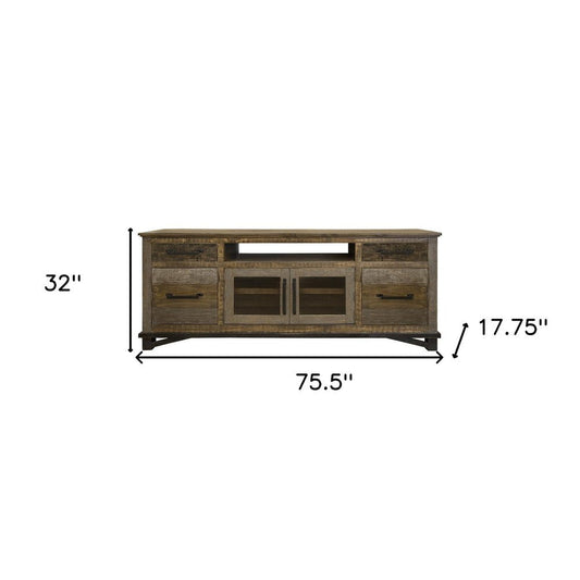 76" Brown Solid Wood Cabinet Enclosed Storage Distressed TV Stand HomeRoots
