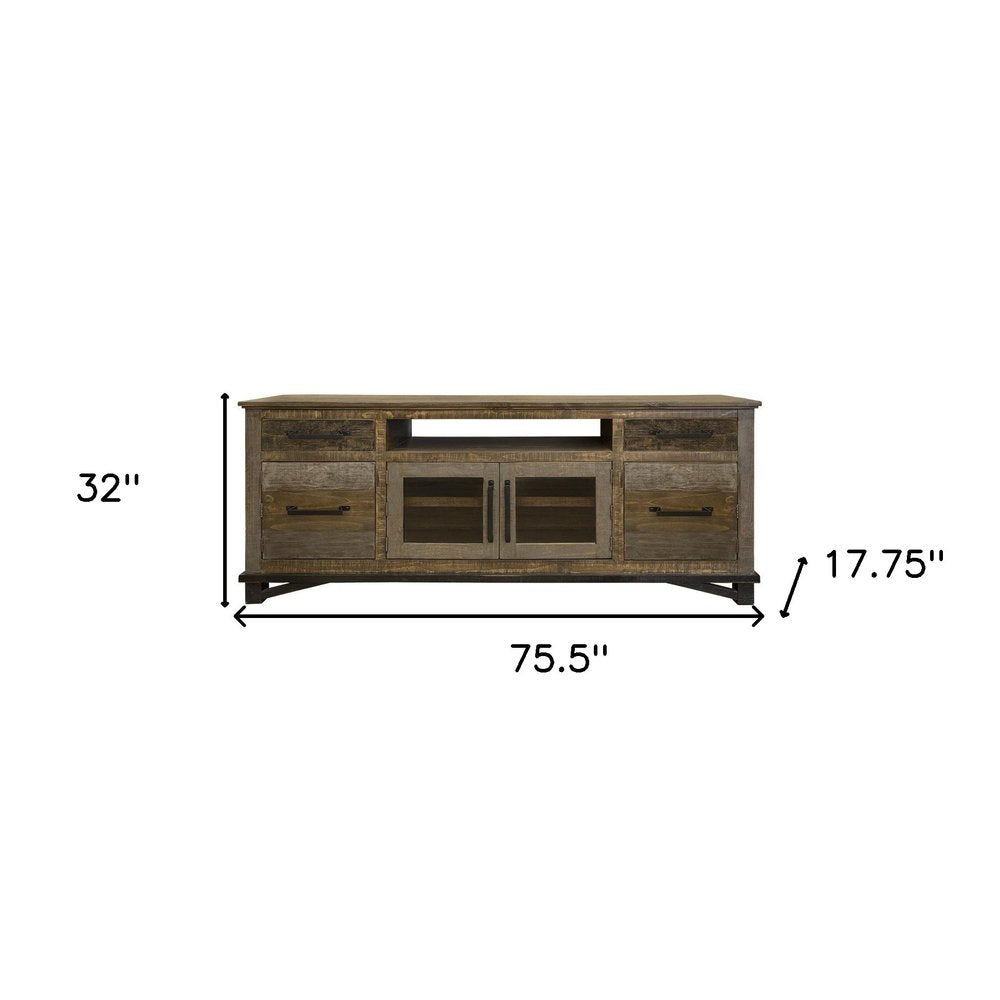 76" Brown Solid Wood Cabinet Enclosed Storage Distressed TV Stand HomeRoots