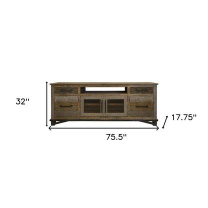 76" Brown Solid Wood Cabinet Enclosed Storage Distressed TV Stand HomeRoots