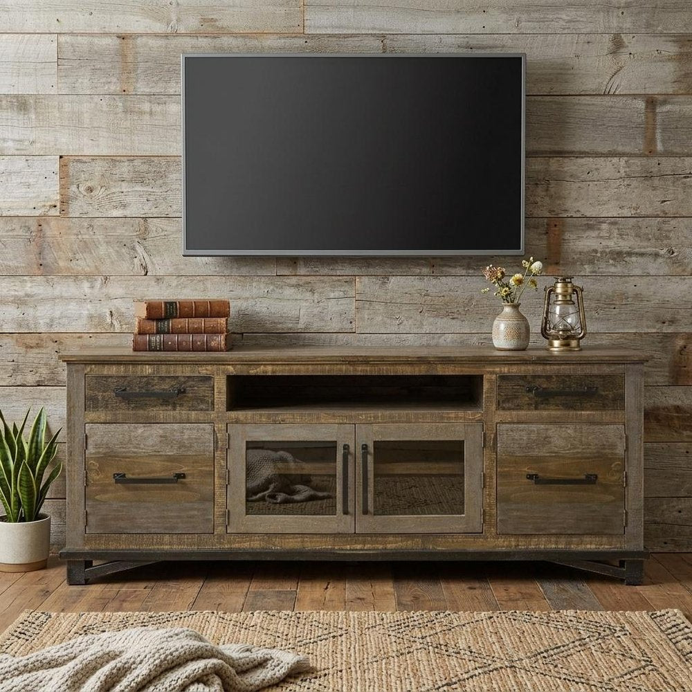 76" Brown Solid Wood Cabinet Enclosed Storage Distressed TV Stand HomeRoots
