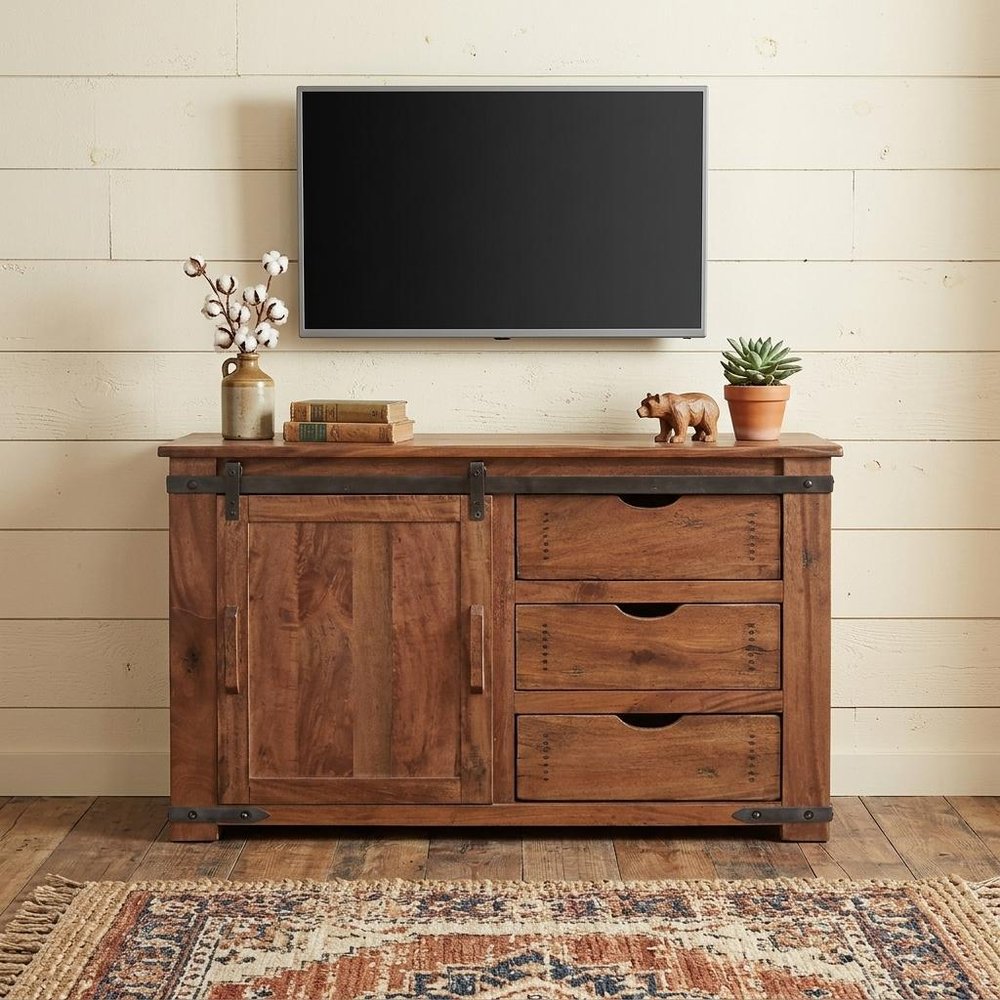 50" Brown Solid Wood Enclosed Storage Distressed TV Stand HomeRoots