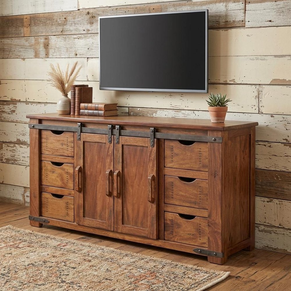 60" Brown Solid Wood Enclosed Storage Distressed TV Stand HomeRoots