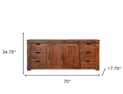 70" Brown Solid Wood Enclosed Storage Distressed TV Stand HomeRoots