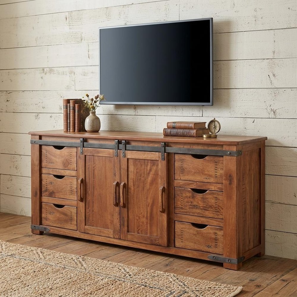 70" Brown Solid Wood Enclosed Storage Distressed TV Stand HomeRoots