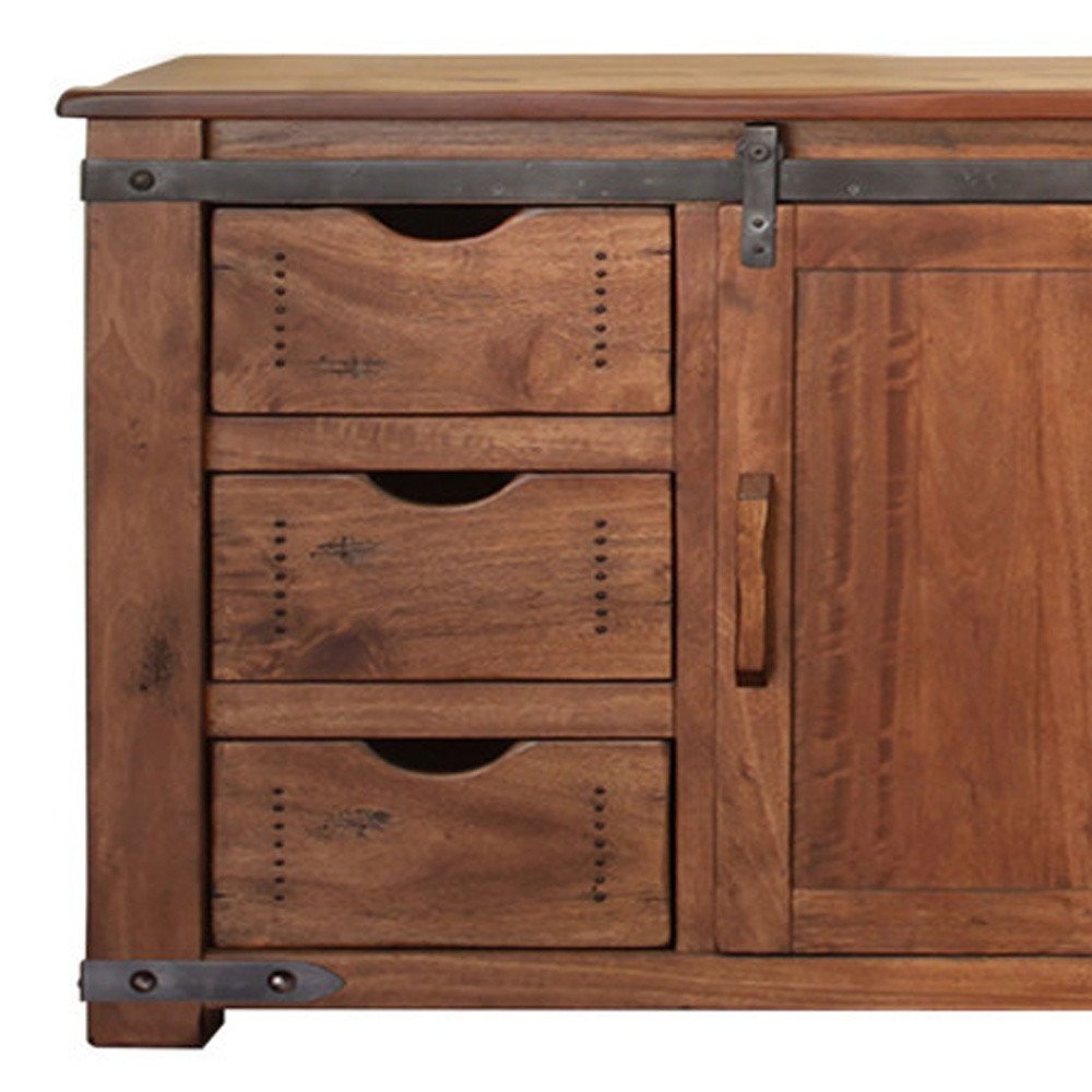 70" Brown Solid Wood Enclosed Storage Distressed TV Stand HomeRoots