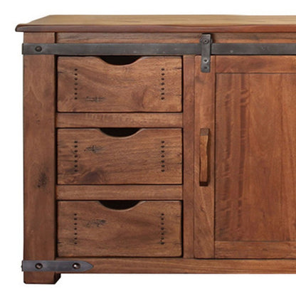 70" Brown Solid Wood Enclosed Storage Distressed TV Stand HomeRoots