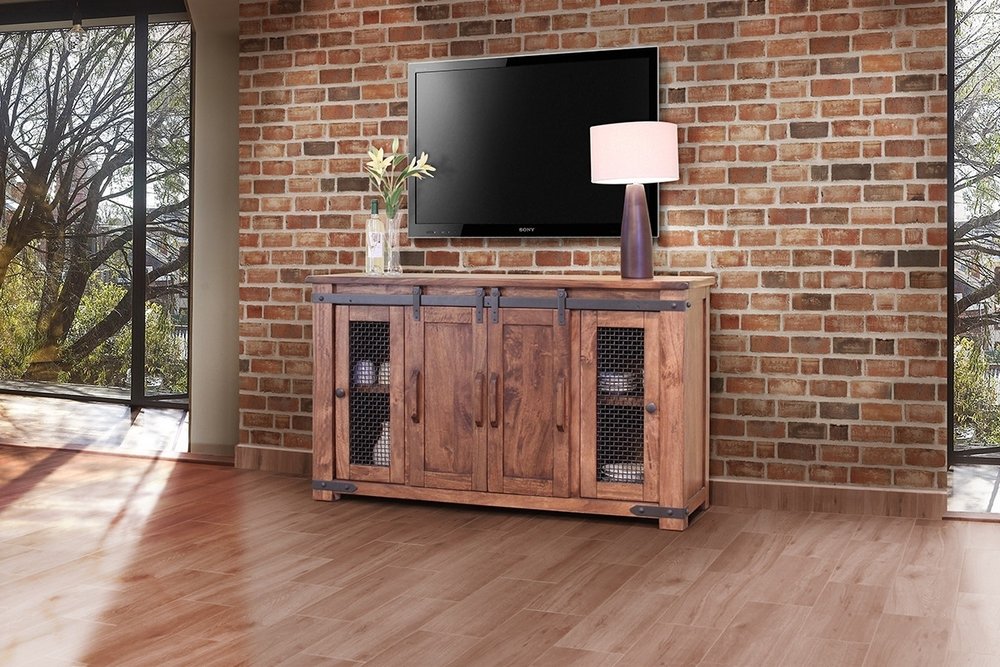 60" Brown Solid Wood Cabinet Enclosed Storage Distressed TV Stand — view 1