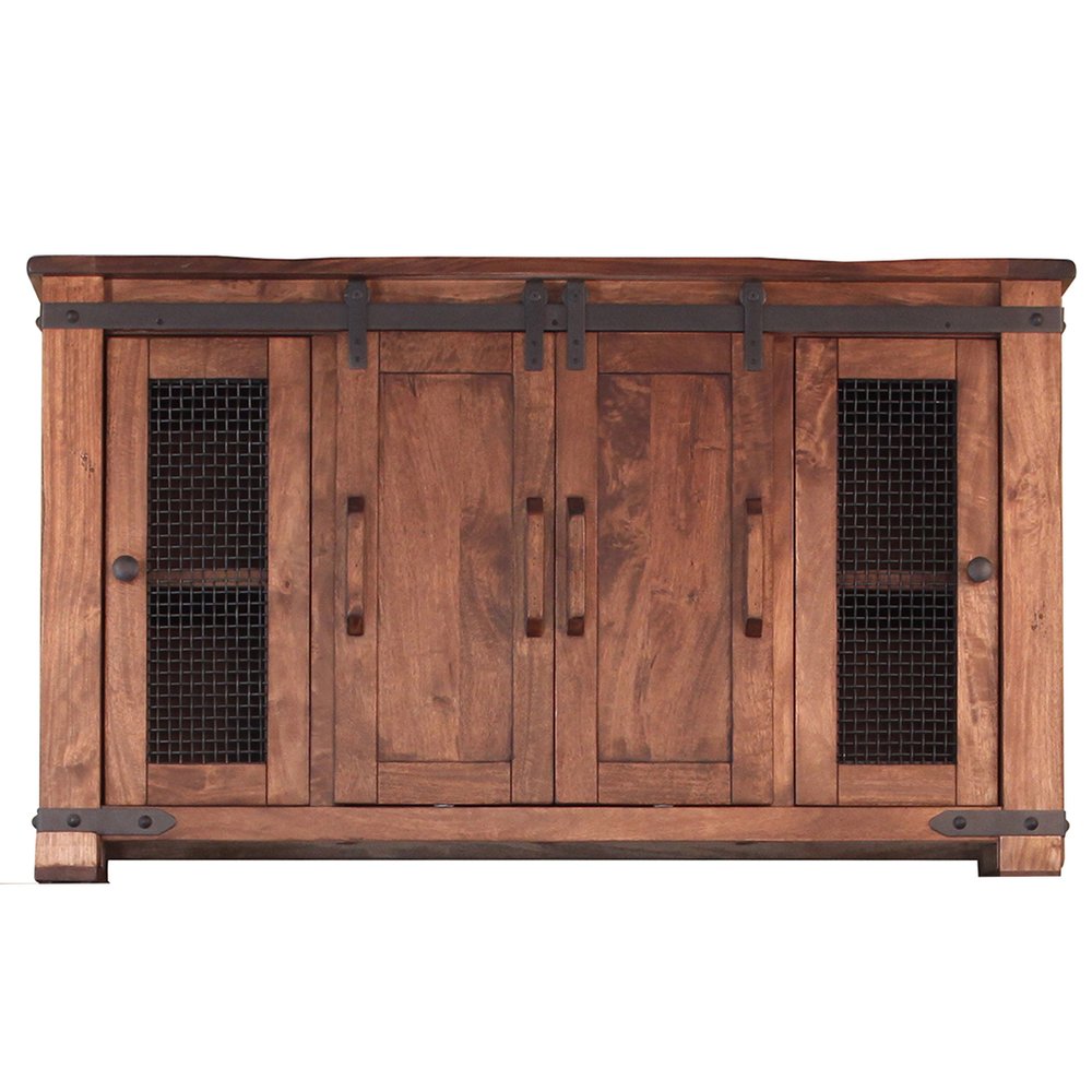 60" Brown Solid Wood Cabinet Enclosed Storage Distressed TV Stand HomeRoots