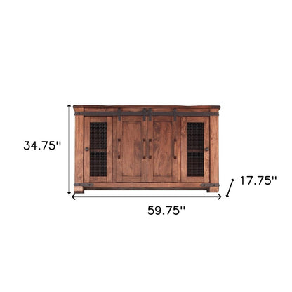 60" Brown Solid Wood Cabinet Enclosed Storage Distressed TV Stand HomeRoots