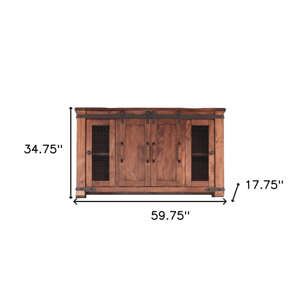 60" Brown Solid Wood Cabinet Enclosed Storage Distressed TV Stand — view 4
