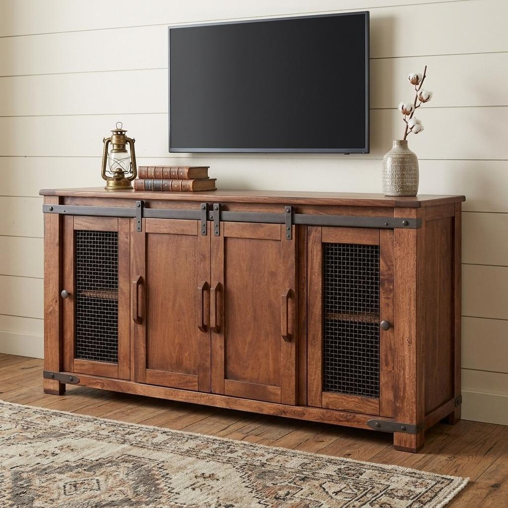 70" Brown Solid Wood Cabinet Enclosed Storage Distressed TV Stand HomeRoots