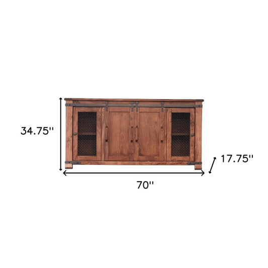 70" Brown Solid Wood Cabinet Enclosed Storage Distressed TV Stand HomeRoots