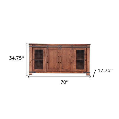 70" Brown Solid Wood Cabinet Enclosed Storage Distressed TV Stand HomeRoots