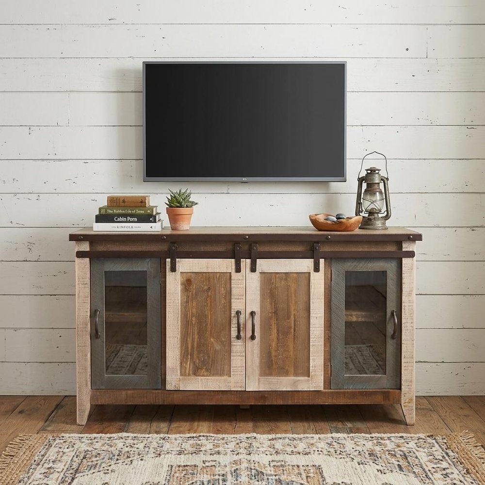 60" Brown Solid Wood Cabinet Enclosed Storage Distressed TV Stand HomeRoots
