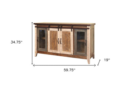 60" Brown Solid Wood Cabinet Enclosed Storage Distressed TV Stand HomeRoots