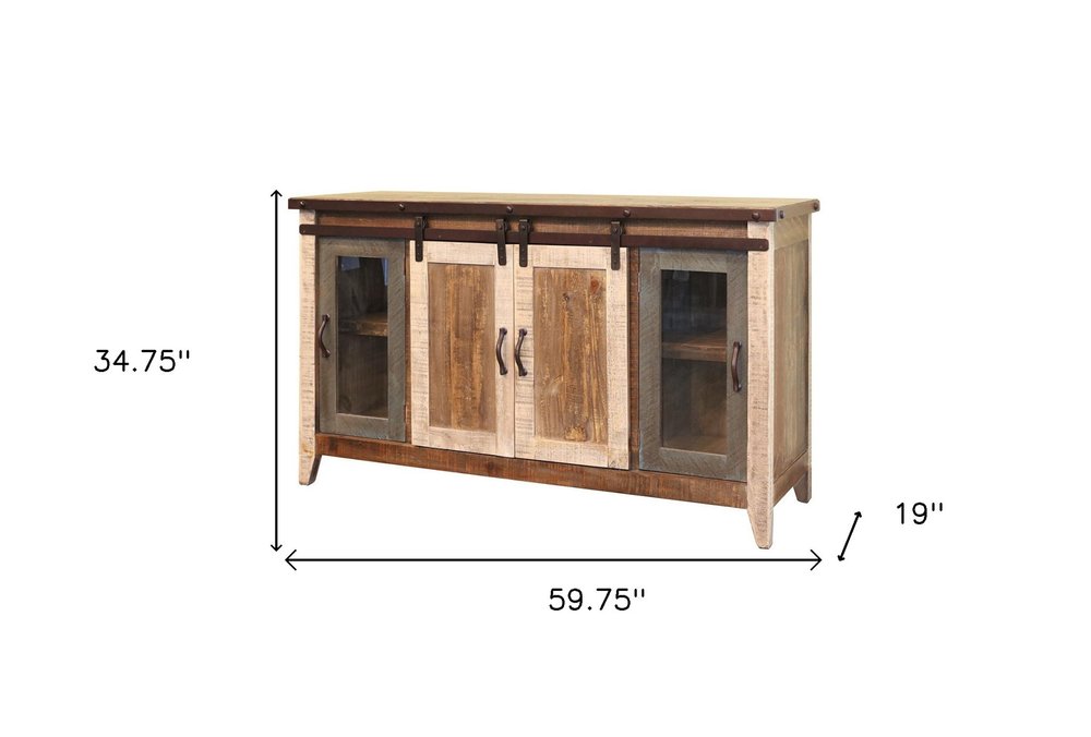 60" Brown Solid Wood Cabinet Enclosed Storage Distressed TV Stand — view 1