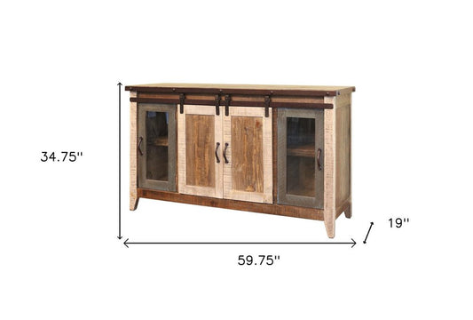 60" Brown Solid Wood Cabinet Enclosed Storage Distressed TV Stand HomeRoots