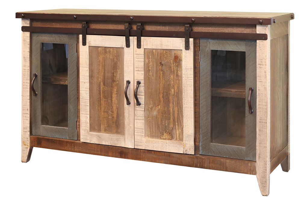 60" Brown Solid Wood Cabinet Enclosed Storage Distressed TV Stand — view 2