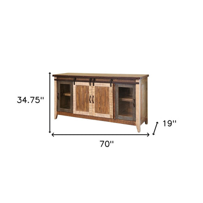 70" Brown Solid Wood Cabinet Enclosed Storage Distressed TV Stand HomeRoots
