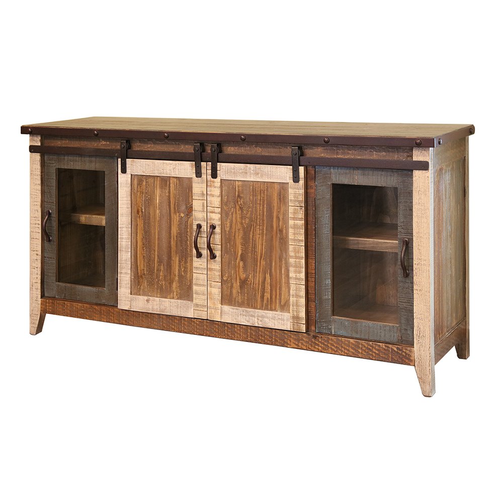 70" Brown Solid Wood Cabinet Enclosed Storage Distressed TV Stand HomeRoots