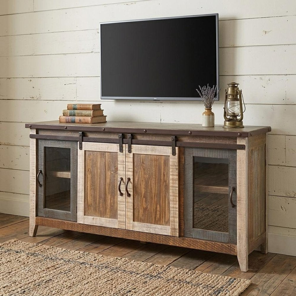 70" Brown Solid Wood Cabinet Enclosed Storage Distressed TV Stand HomeRoots