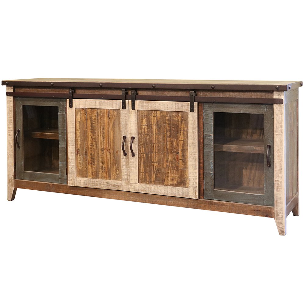 79" Brown Solid Wood Cabinet Enclosed Storage Distressed TV Stand — view 4