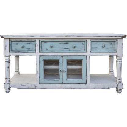 70" Blue and White Solid Wood Open shelving Distressed TV Stand HomeRoots