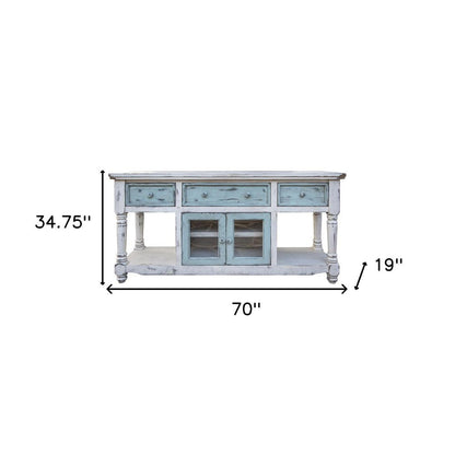 70" Blue and White Solid Wood Open shelving Distressed TV Stand HomeRoots