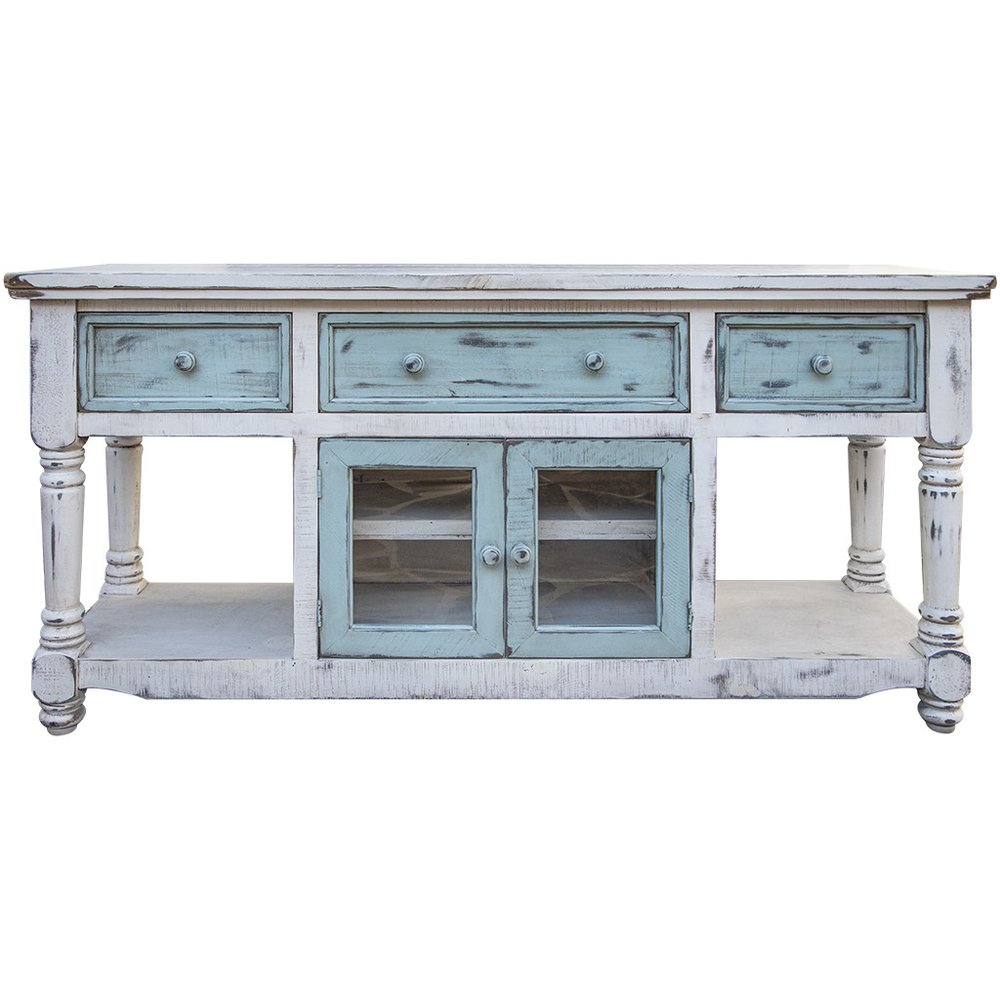 70" Blue and White Solid Wood Open shelving Distressed TV Stand HomeRoots