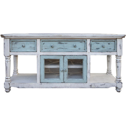 70" Blue and White Solid Wood Open shelving Distressed TV Stand HomeRoots