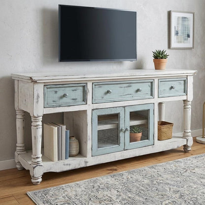 70" Blue and White Solid Wood Open shelving Distressed TV Stand HomeRoots