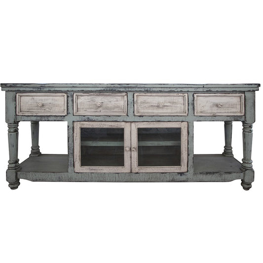 70" Blue and White Solid Wood Open shelving Distressed TV Stand HomeRoots