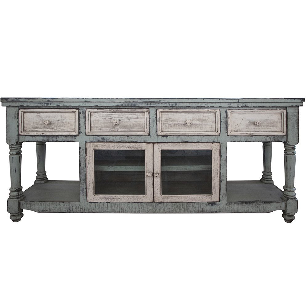 70" Blue and White Solid Wood Open shelving Distressed TV Stand HomeRoots