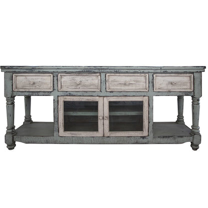 70" Blue and White Solid Wood Open shelving Distressed TV Stand HomeRoots