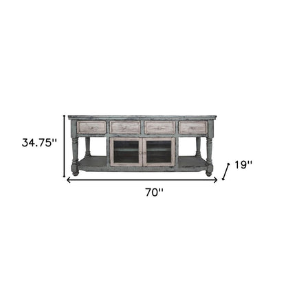 70" Blue and White Solid Wood Open shelving Distressed TV Stand HomeRoots